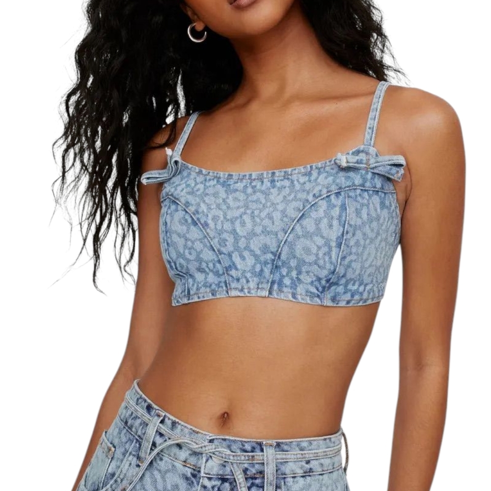 Nasty Gal Blue Leopard Print Denim Bow Crop Top Bustier Corset Size 10 NWT